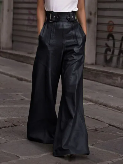 Women Casual PU Leather High Waist Loose Pocket Flared Pants