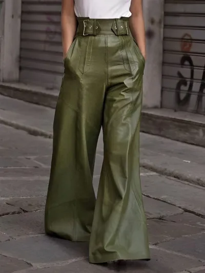 Women Casual PU Leather High Waist Loose Pocket Flared Pants