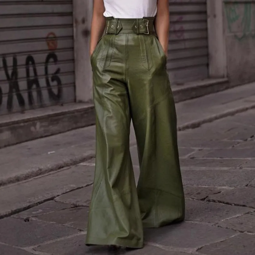 Women Casual PU Leather High Waist Loose Pocket Flared Pants