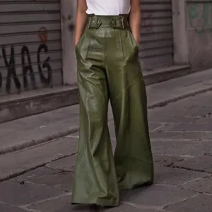 Women Casual PU Leather High Waist Loose Pocket Flared Pants