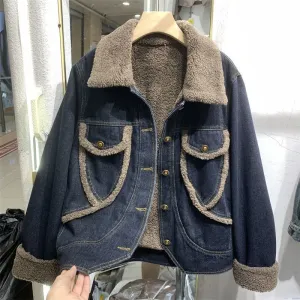 Women Fleece-Lined Lapel Long-Sleeve Denim Jacket Casual Elegant