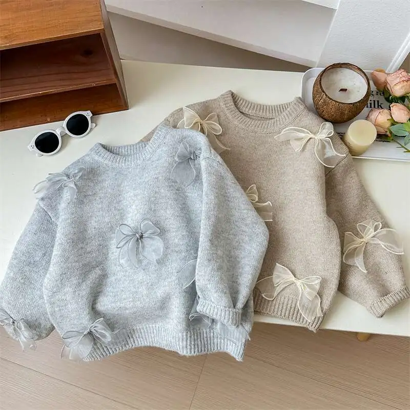 Kids Girls Fashion Cute Solid Color Bowknot Knitted Long Sleeve Sweater