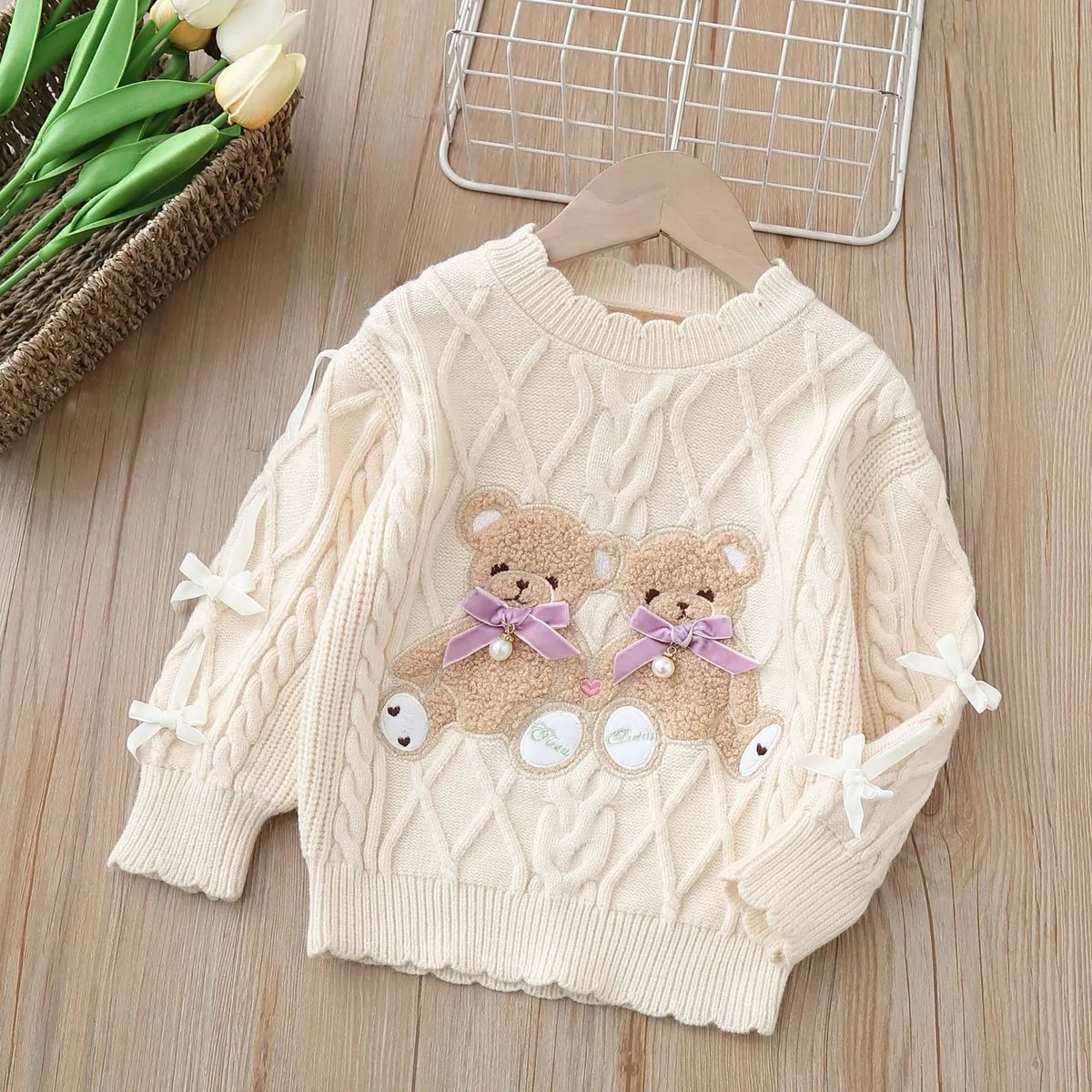 Kids Girls Cartoon Print Thickened Long-Sleeve Sweater Autumn Winter Casual Crewneck