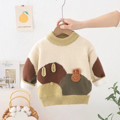 Kids Boys Cartoon Winter Fleece-Lined Thickened Knitted Sweater Long Sleeve Crewneck