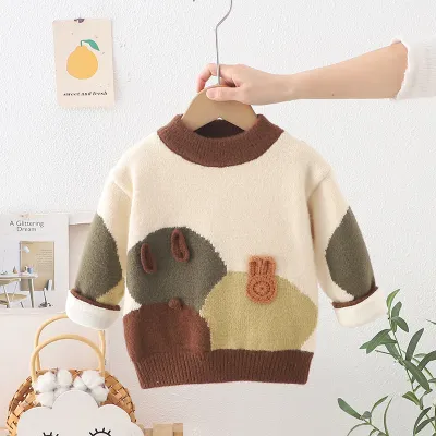 Kids Boys Cartoon Winter Fleece-Lined Thickened Knitted Sweater Long Sleeve Crewneck