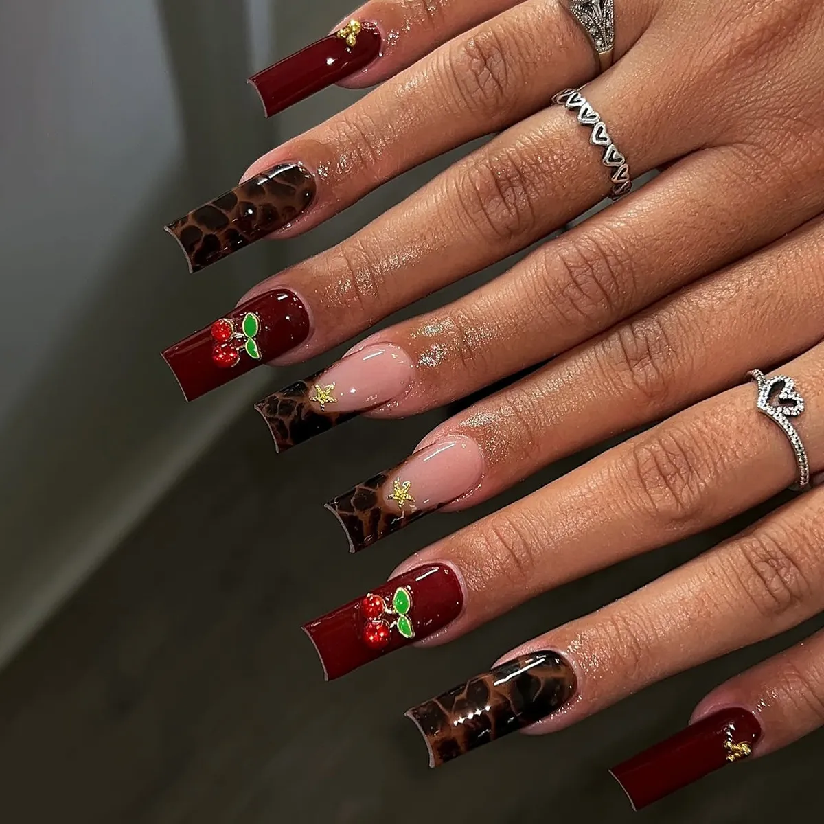 Women Fashion Sweet Cool Burgundy Leopard Cherry Removable Press On Nails Long Ballet Style