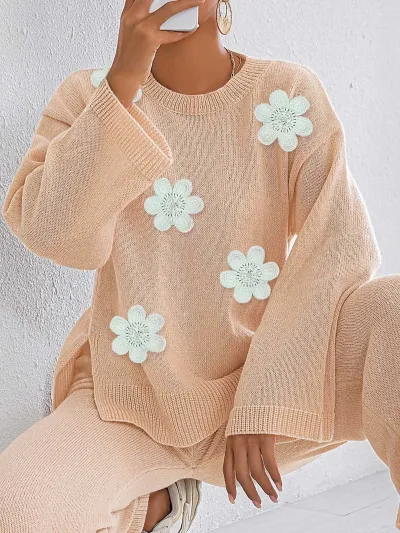 Women Embroidered Beaded Floral Stitching Long-Sleeve Loose Knit Cardigan