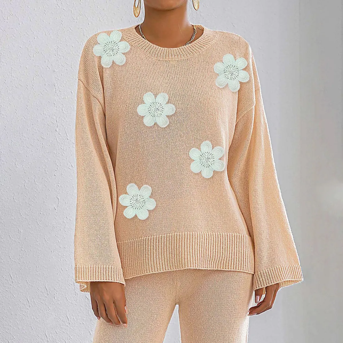 Women Embroidered Beaded Floral Stitching Long-Sleeve Loose Knit Cardigan