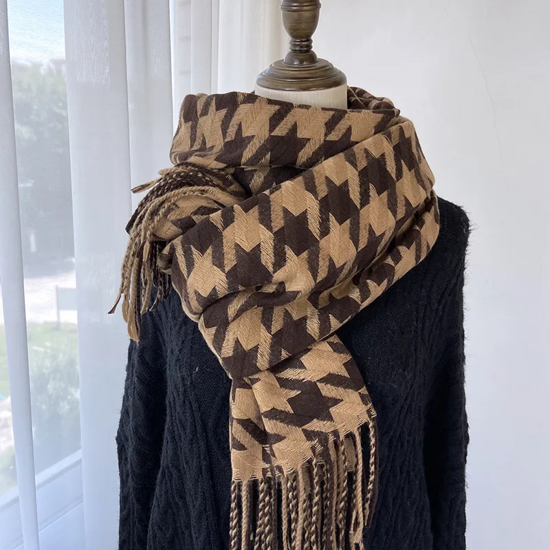 Women's Fashion Houndstooth Tassel Thickened Imitation Cashmere Scarf