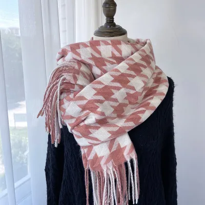 Women's Fashion Houndstooth Tassel Thickened Imitation Cashmere Scarf