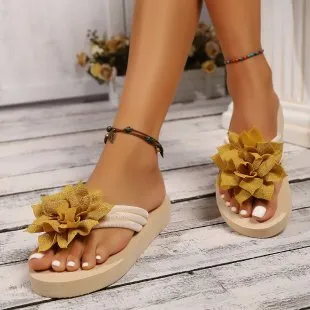 Women Fashion Casual Solid Color Floral Platform Flip-Flops Slippers