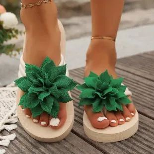 Women Fashion Casual Solid Color Floral Platform Flip-Flops Slippers