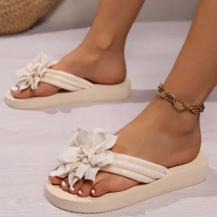 Women Fashion Casual Solid Color Floral Platform Flip-Flops Slippers