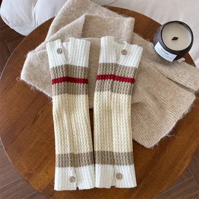 Women's Fashion Button Stripe Contrast Color Warm Knee High Socks