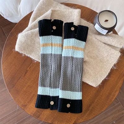 Women's Fashion Button Stripe Contrast Color Warm Knee High Socks