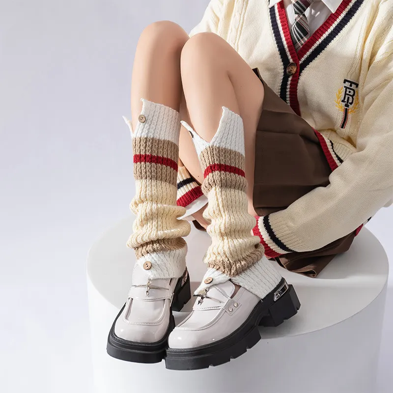 Women's Fashion Button Stripe Contrast Color Warm Knee High Socks