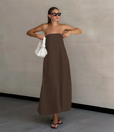 Women Casual Strapless Cotton Linen Maxi Dress