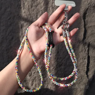 Women Fashion Crossbody Rhinestone Mobile Phone Lanyard Strap Geometric Pendant