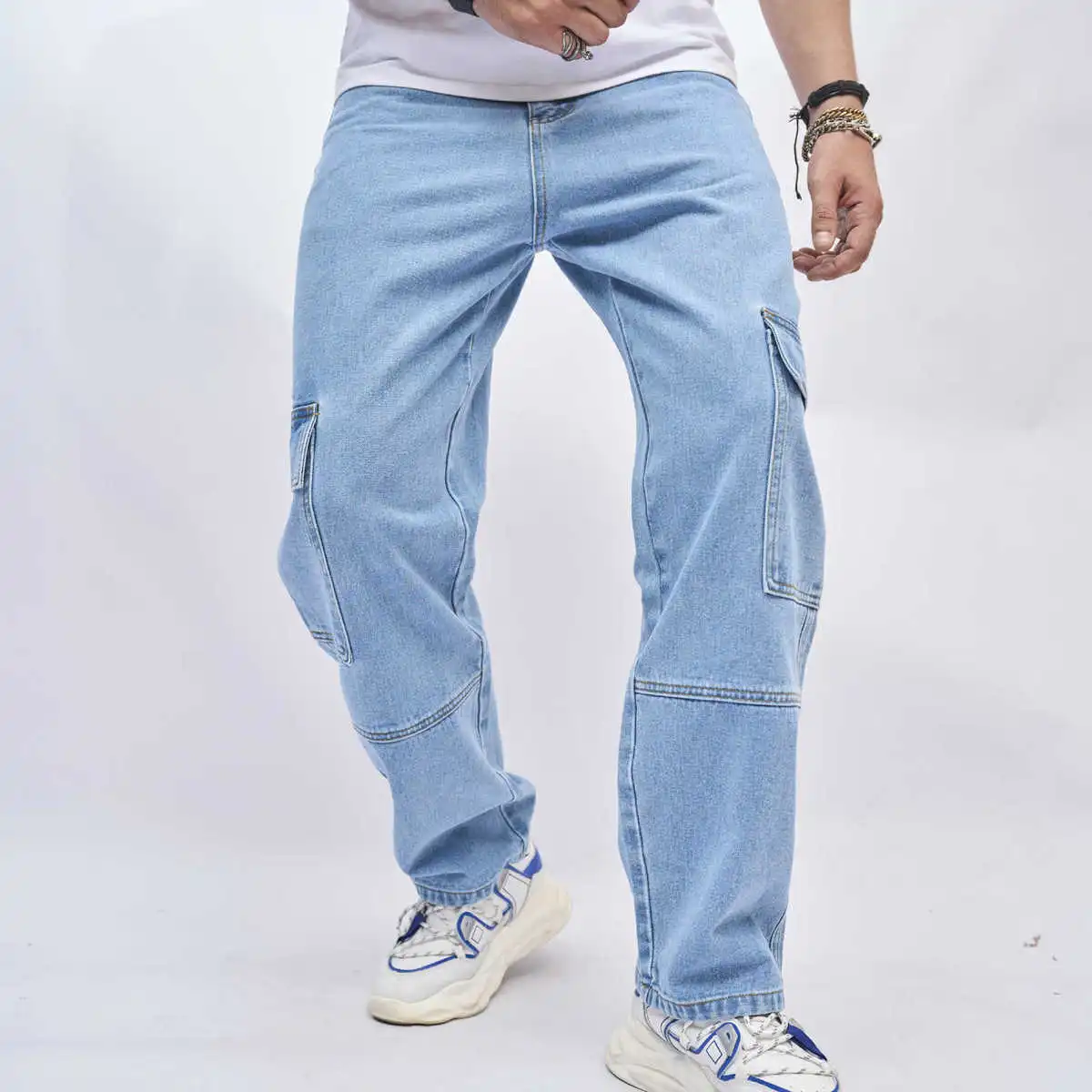 Men Fashion Casual Cargo Denim Jeans Mid-Waist Long