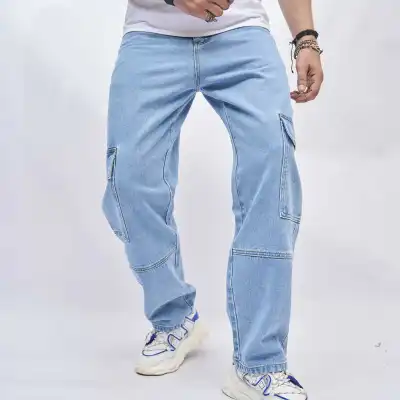 Men Fashion Casual Cargo Denim Jeans Mid-Waist Long