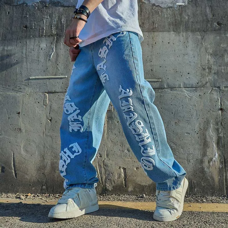 Men Fashion Street Tide Straight Fit Denim Jeans