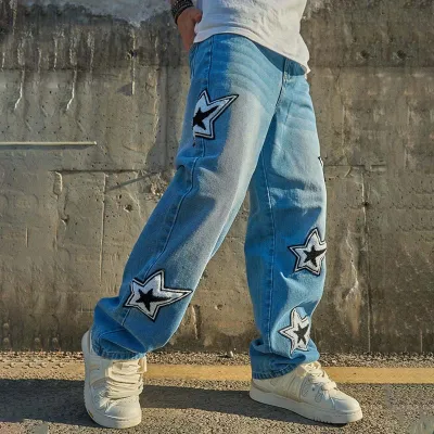 Men Fashion Street Tide Straight Fit Denim Jeans