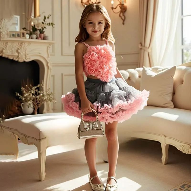 Kids Girls Cute Floral Camisole Party Tutu Skirt Sets Two-Piece