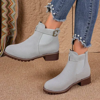 Women Fashion Casual Autumn Solid Color Round Toe Belt Buckle Short Boots