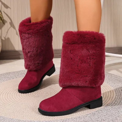 Women Fashion Casual Solid Color Stitching Round Toe Thick Heel Snow Boots