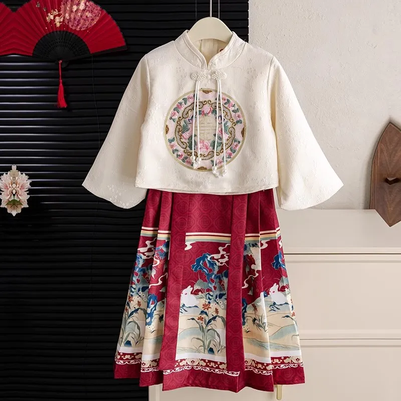 Children Vintage Chinese Style Top And Skirt Two-Piece Set