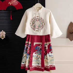 Children Vintage Chinese Style Top And Skirt Two-Piece Set
