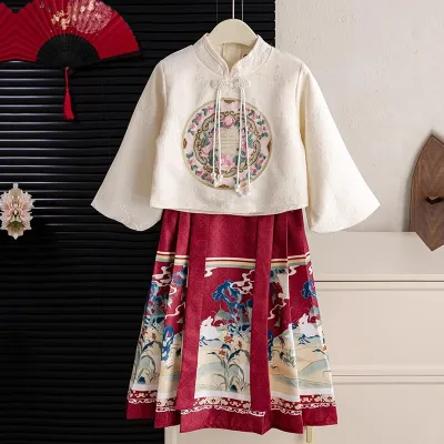 Children Vintage Chinese Style Top And Skirt Two-Piece Set