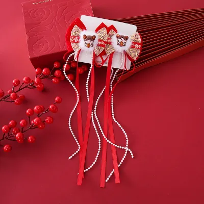 Children Retro New Year Tassel Chinese Style Fabric Bow Hair Accessories