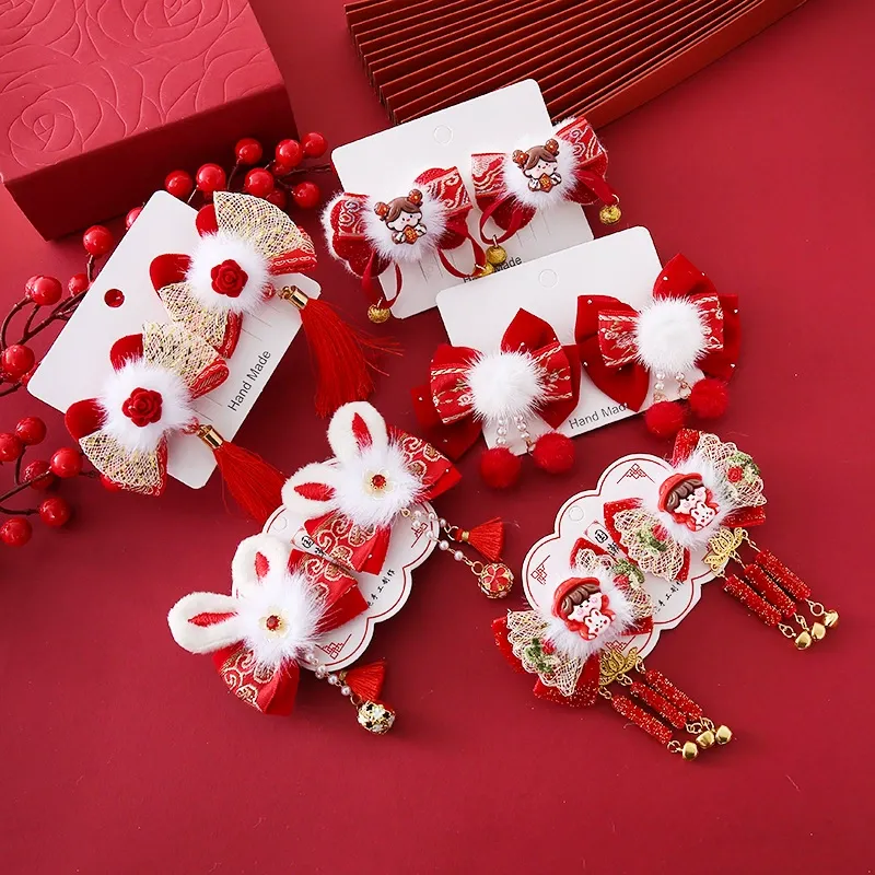 Children Retro New Year Tassel Chinese Style Fabric Bow Hair Accessories