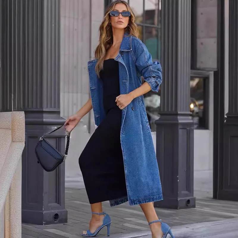 Fashion Denim Women Coat Solid Color Lapel Long Sleeve Long Denim Coat