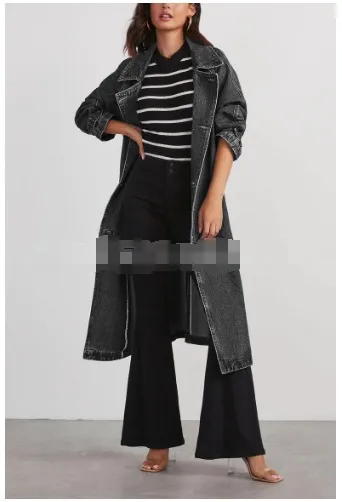 Fashion Denim Women Coat Solid Color Lapel Long Sleeve Long Denim Coat