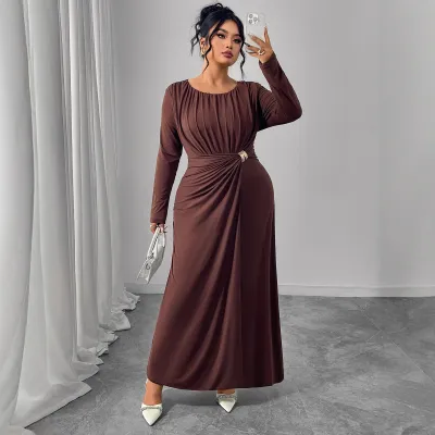 Women Plus Size Solid Color V-Neck Long Sleeve Maxi Dress