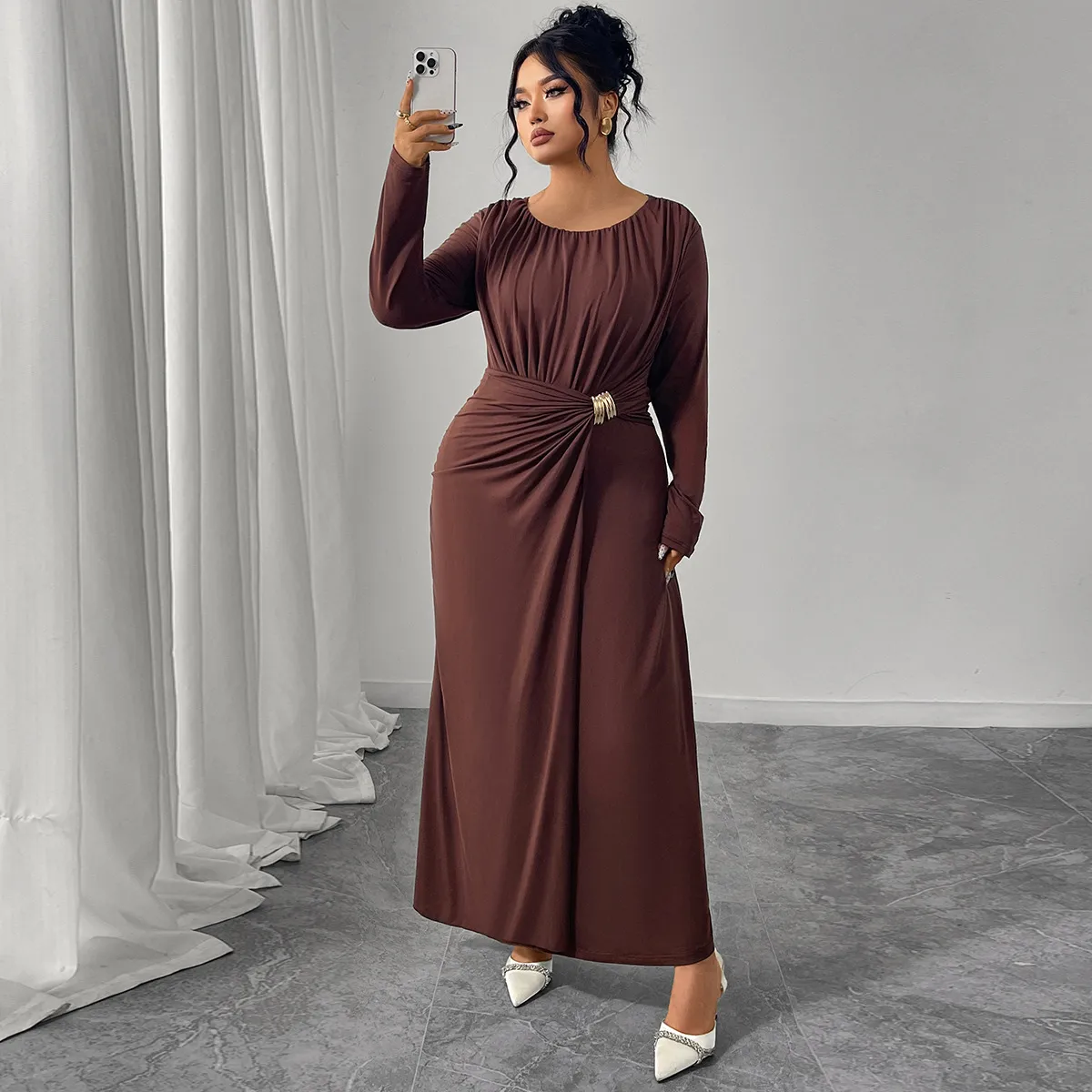Women Plus Size Solid Color V-Neck Long Sleeve Maxi Dress