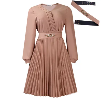 Women's Elegant V-Neck Long Sleeve Bubble Sleeve Solid Color A-Line African Dress