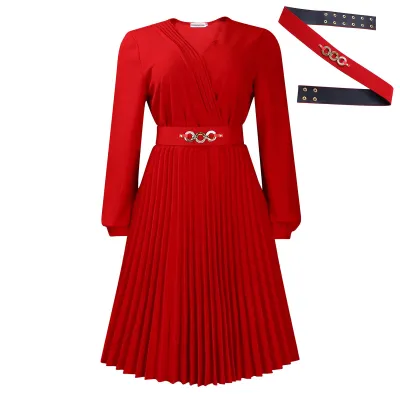 Women's Elegant V-Neck Long Sleeve Bubble Sleeve Solid Color A-Line African Dress