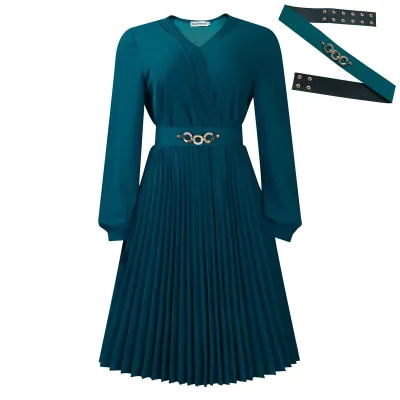 Women's Elegant V-Neck Long Sleeve Bubble Sleeve Solid Color A-Line African Dress