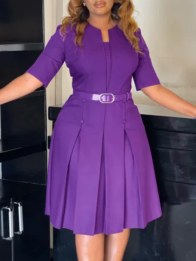Women Elegant Large Size Solid Color Half Sleeve African A-Line Dress