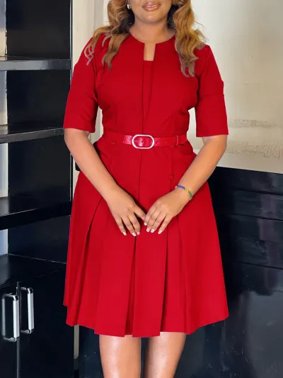 Women Elegant Large Size Solid Color Half Sleeve African A-Line Dress