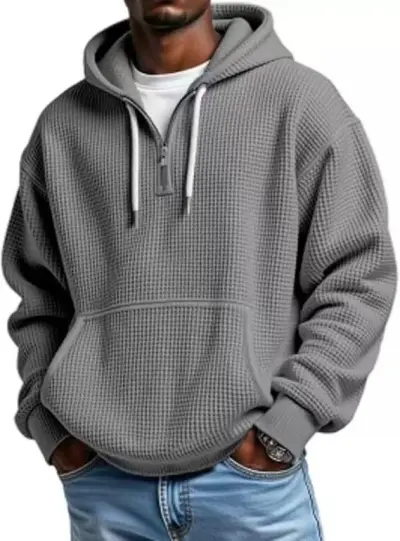 Men Autumn Winter Casual Solid Color Waffle Plus Size Long Sleeve Hoodies