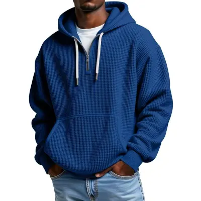 Men Autumn Winter Casual Solid Color Waffle Plus Size Long Sleeve Hoodies
