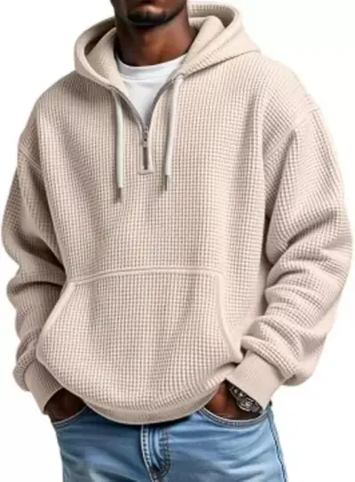 Men Autumn Winter Casual Solid Color Waffle Plus Size Long Sleeve Hoodies