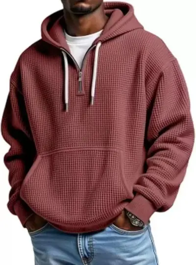 Men Autumn Winter Casual Solid Color Waffle Plus Size Long Sleeve Hoodies