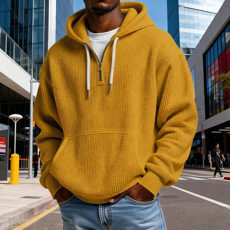 Men Autumn Winter Casual Solid Color Waffle Plus Size Long Sleeve Hoodies