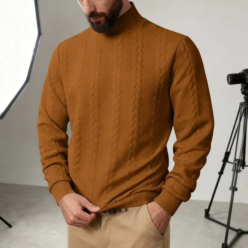 Men Casual Rib-Knit Turtle Neck Long Sleeve Jacquard Sweatshirts