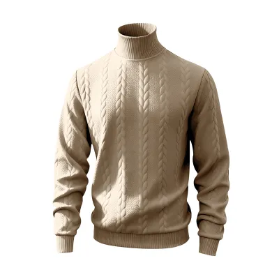 Men Casual Rib-Knit Turtle Neck Long Sleeve Jacquard Sweatshirts